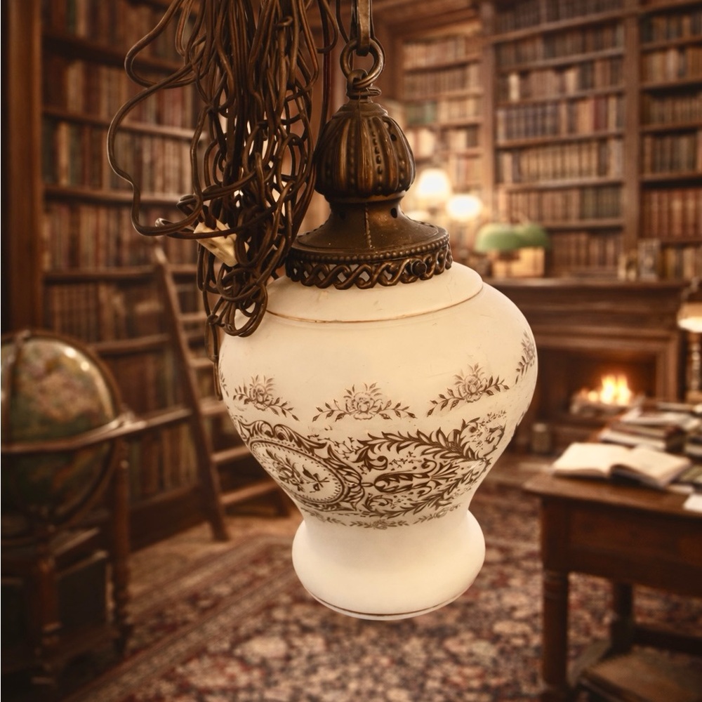 Vintage Glass Swag Lamp White Gold Detail; Hollywood Regency